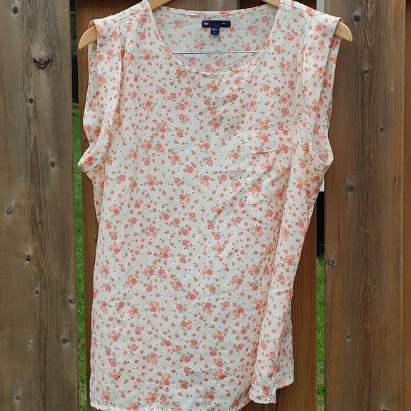 PRETTY Peach Floral Blouse Cap Sleeve GAP Size Large - Picture 2 of 5